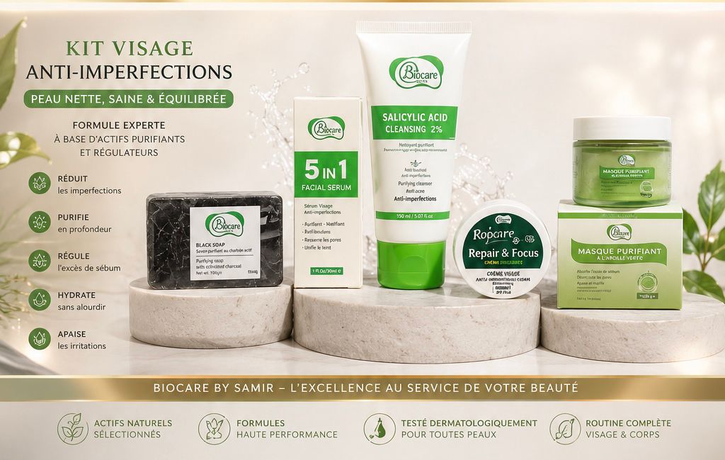 Kit Visage Anti Imperfections — 5 soins purifiants : charbon actif, salicylique 2 %, argile verte