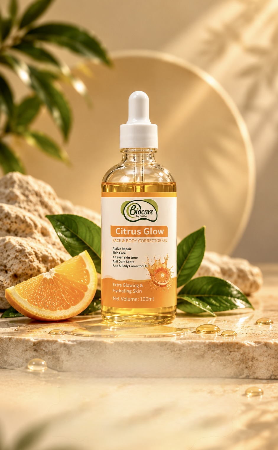 Huile correctrice Citrus Glow BIOCARE, orange fraîche et feuilles vertes dans une lumière dorée