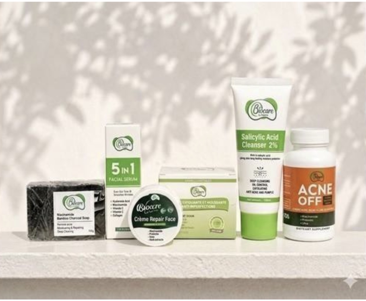 Kit Visage Anti Acné Hormonal — 6 soins : charbon, salicylique 2 %, niacinamide, cure orale