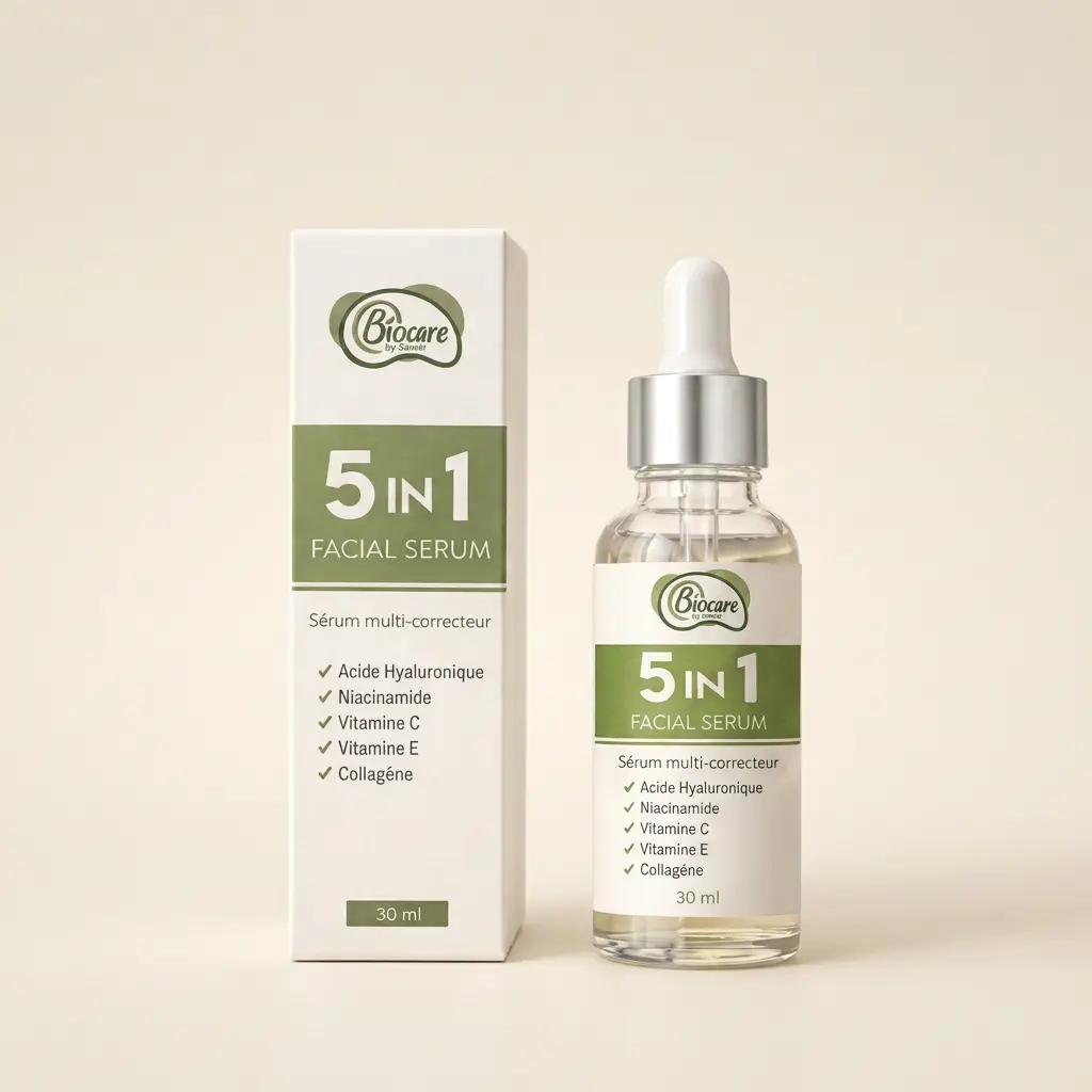 Sérum 5 en 1 — Acide hyaluronique, niacinamide, vitamines C & E, collagène