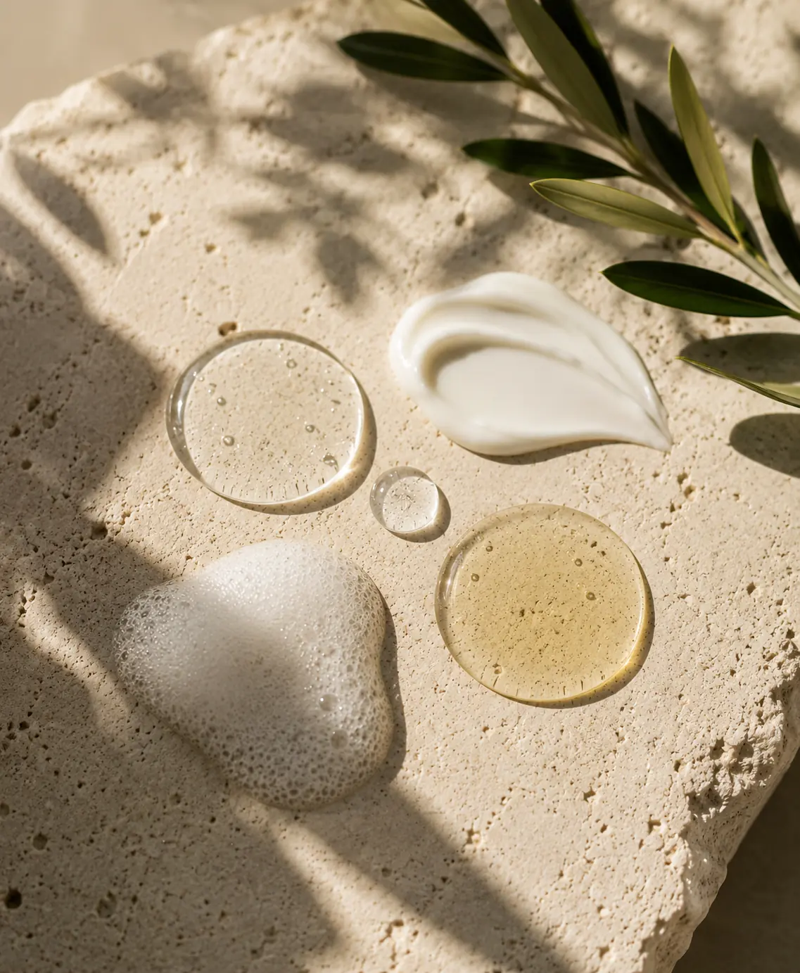 Textures de soin — huile, crème et mousse sur pierre minérale naturelle